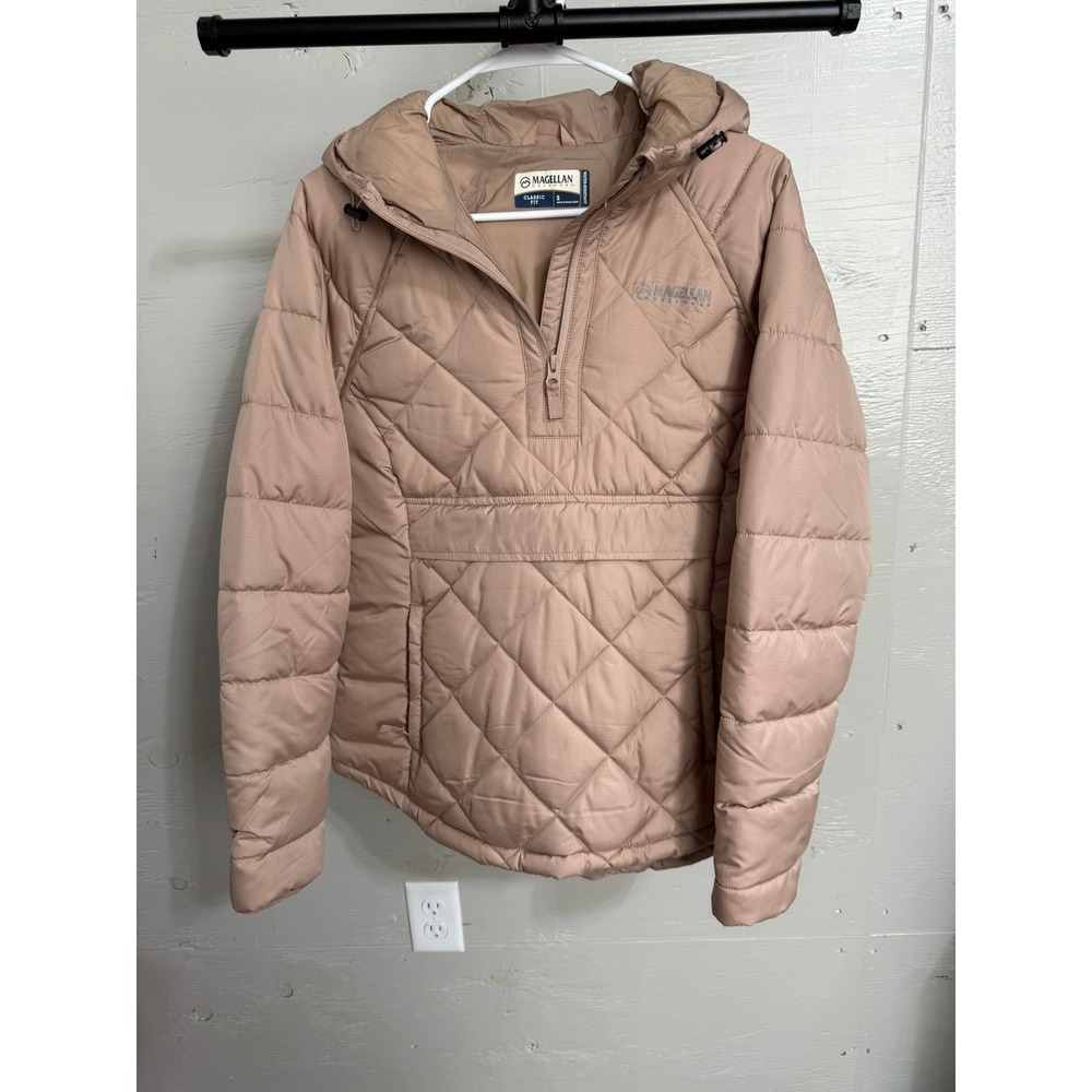 Magellan Outdoors Women Tan Quilted Puffer Anorak Hooded Jacket Small
